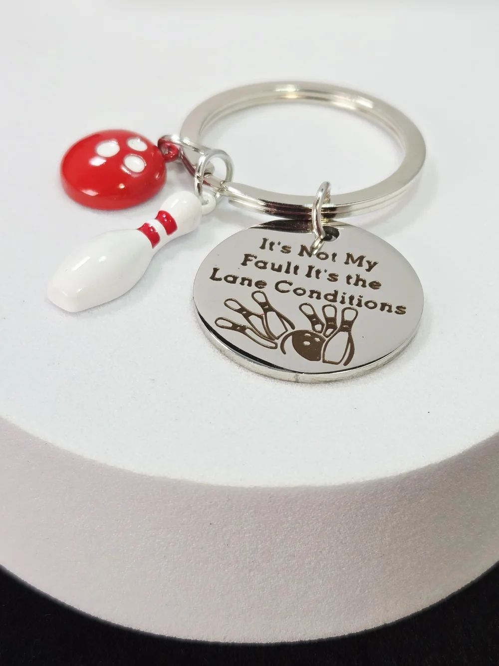 Bowling Keychain Red Ball & Pin Funny Engraved Sports Charm Gift Stainless Steel